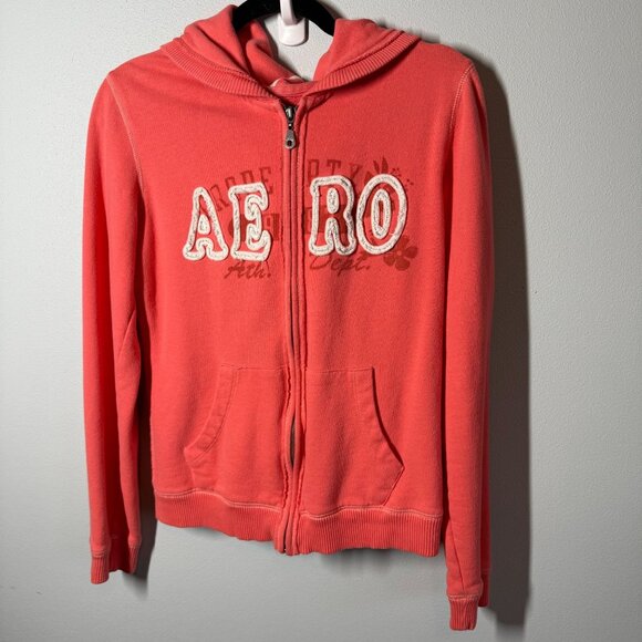 Aeropostale Logo Full Zip Up Hooded Sweatshirt Large Pink Pockets - Picture 1 of 10